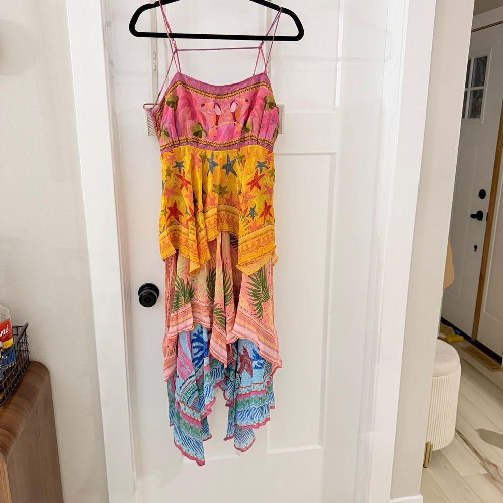 Farm Rio Mixed Scarves Tiered Midi Dress Tropical Patchwork M Boho Maximalist